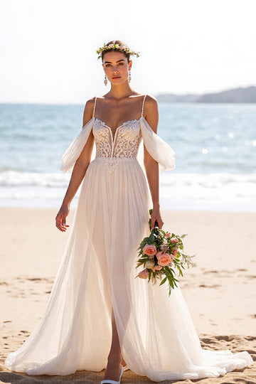 Chiffon White A Line Sweep Train  Boho Wedding Dress with Slit